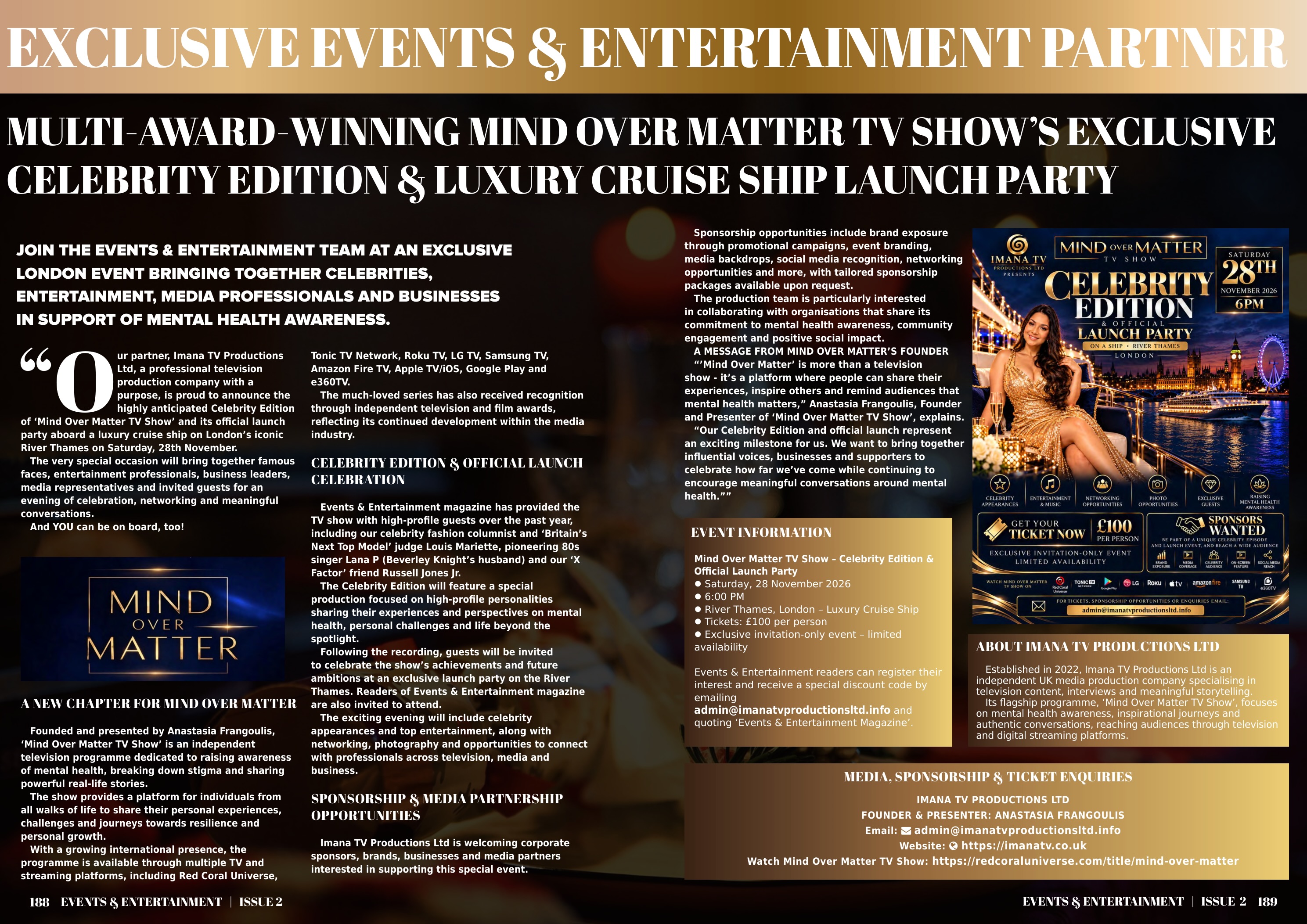 Mind Over Matter TV Show – celebrity edition & luxury cruise ship launch party
